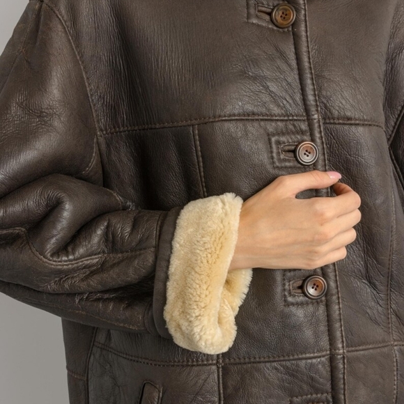 80s Western Sheepskin Coat, Size L Brown Shearling Coat Vintage Leather Jacket - Picture 10 of 16